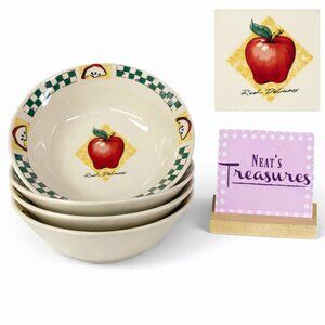 Gibson DELICIOUS Red Apple Green Checker Board Ceramic Soup Cereal Bowls Set 4